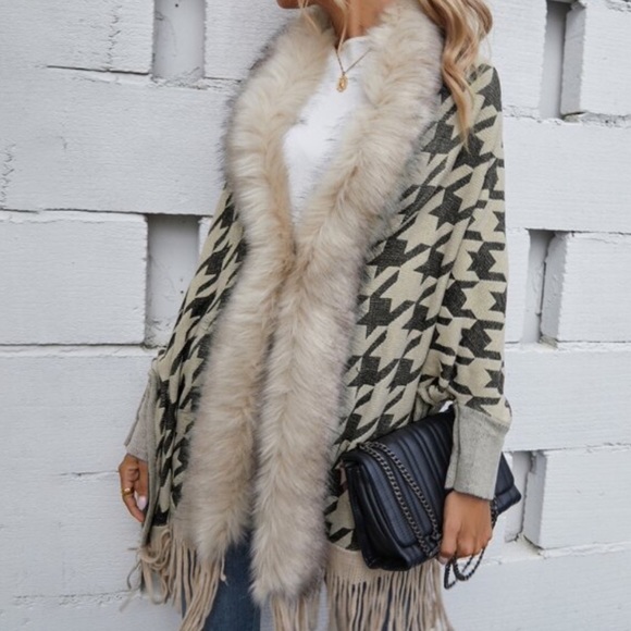 Classic Burgundy Houndstooth Vegan Fur Cardigan - Picture 9 of 13